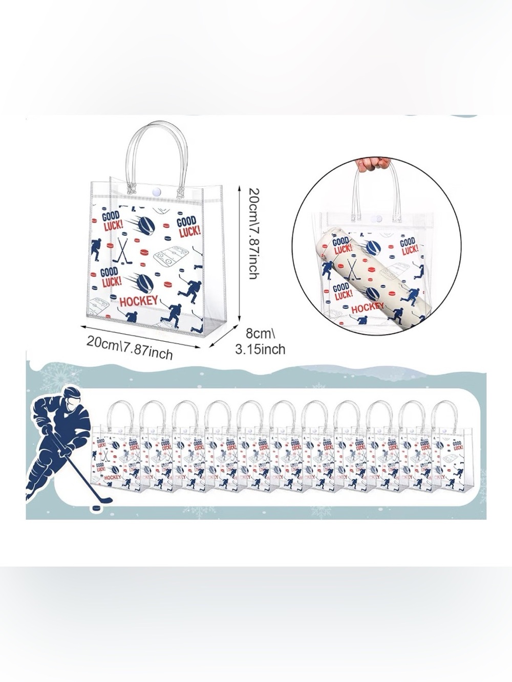 24 pc Clear Hockey Print Goodie Bags - White, Navy, Red
